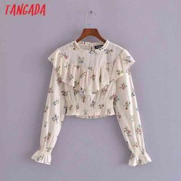 Women Retro Floral Print Ruffles Romantic Blouse Short Style Chic Female Shirt Tops 3H186 210416