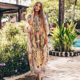 Bohemian Printed Summer Beach Dresses Chiffon Tunic Women Plus Size Wear Swim Suit Cover Up Sarongs Plage pareos Q678 210420