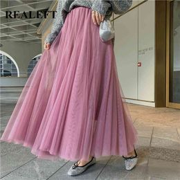 Spring Summer Mesh Pleated Women's Long Skirts Elegant High Waist Female Multicolors Umbrella Maxi Party 210428