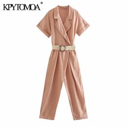 Women Chic Fashion With Belt Linen Jumpsuit Short Sleeve Side Pockets Female Playsuits Mujer 210420