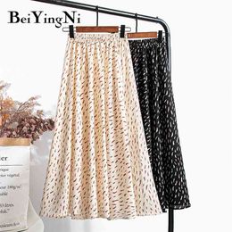 Fashion Pleated Midi Skirts Women Vintage Floral Printed Korean Chiffon Beach Boho Skirt High Waist Faldas 210506