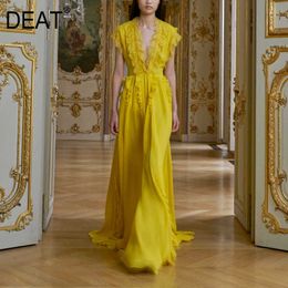 [DEAT] Women Dress V-neck High Waist Floor-length Sleeveless Yellow Elegant Loose Fit Fashion Summer 13Q341 210527