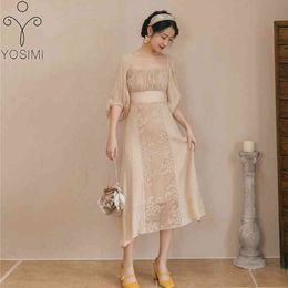 YOSIMI Beige Lace Dres Elegant Summer Square Collar A-Line Mid-calf Half Lantern Sleeve Rayon Party Dresses Ladies 210604
