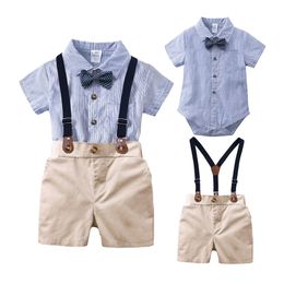 Cotton Baby Kids Clothes Set Toddler Boys Summer Gentleman Bow Tie Short Sleeve Shirt+Overall Shorts Sets 210521