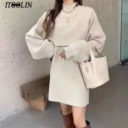 ITOOLIN Two-piece Dress Sets Winter outfit Women Knitted Set Fleece Tracksuits Autumn Sweater and Tank Japan 220302