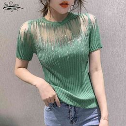 Summer Korean Clothes Knitted shirt Short Sleeve Elastic Tees Sexy Diamonds Transparent Women Tops Ropa Mujer Shirt 10059 210417