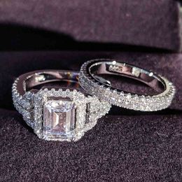 Solid 925 Sterling Silver Zircon Wedding Ring Set For Bridal Women Men Finger Gift Africa Zambia Botswana Fashion Jewelry R4835