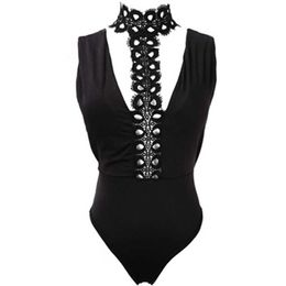 Moda Seksi Kadınlar Kolsuz Dantel Streç Bodysuit Bayanlar Leotard Vücut Suit Tops T Shirt Playsuits Tulumlar Siyah Yeni S-XL Y0927