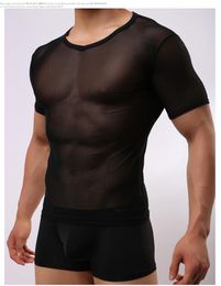 T-shirt da uomo 2021 T-shirt a maniche corte trasparente di moda Intimo trasparente Uomo Mesh Sheer Top Ice Silk Sleepwear confortevole