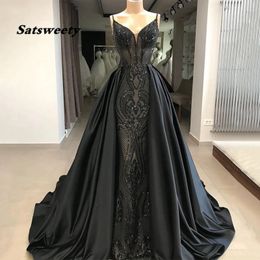 Long Elegant Evening Dress 2024 V-neck Lace Saudi Arabia Women Black Formal Prom Gowns With DetachableTrain