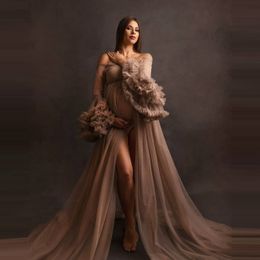 Sexy Khaki Sheer Bridal Photo Shoot Pregnancy Prom Dresses 2021 Long Sleeve Kimono Robe Maternity Dress Evening Gowns Bride Sleepwear