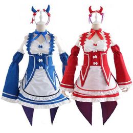 Cosplay Re:zero Kara Hajimeru Ram/Rem Isekai Seikatsu black blue red Costume Maid Servant Dress Y0913