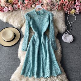 Summer Retro and elegant pleated Ruffles stand-up collar Dress female hook flower dress High quality all-match lace A-line 210420