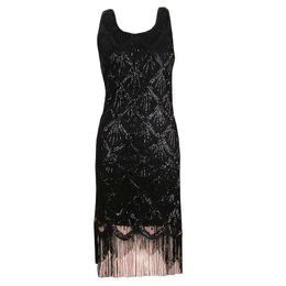 PERHAPS U Women Black Gold Silver Sequined O Neck Dress Beading Sector Vest Sleeveless Tank Tassel Dress D2381 210529