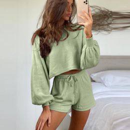 Fashion Women's O-Neck Casual Sport Suit Long Sleeve Loose Crop Top Drawstring Short Solid Colour Gym Exercise Set Tracksuit#g41