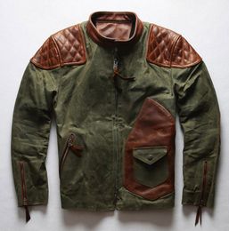 Men's Jackets Mens Motocycle Casual Canvas Cow Real Leather Zipper Stand Collar Moto Biker Coat Autumn Winter Army Green