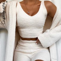 Cryptographic Fur Two Piece Outfits Sexy Sleeveless Crop Tops Women Outfits Top and High Waist Shorts Party Clubwear Autumn 2020 Y0625