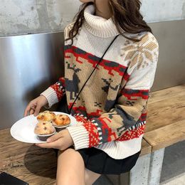 Christmas Deer Pattern Turtleneck Women Sweater Knitted Long Sleeve Loose Pullover Sweater For Girls Autumn Winter Oversize 210518