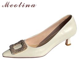 Meotina Shoes Women Genuine Leather Mid Heel Pumps Crystal Pointed Toe Fashion Shoes Thin Heels Footwear Ladies Yellow Size 40 210520