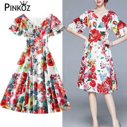 runway designer flower printed elegant women kneen length v-neck flare sleeve summer boho dresses plus size dress robe 210421