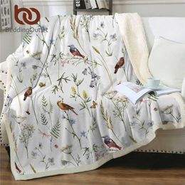 BeddingOutlet Watercolor Sherpa Fleece Blanket Butterfly Birds Floral Bed Botanical Throw Leaf Insect Mantas 211101
