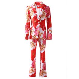 Women's Runway Two Pice Pants Notched Collar Long Sleeves Printed Blazers with Pant Twinset Sets