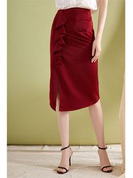Summer Women Red Midi Skirt Wrap Package Hip Slim High Split Ruffles Frill Trim Long Skirts