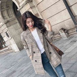 Spring Autumn Korea Fashion Women Long Sleeve Casual Blazer Vintage Plaid Double Breasted Notched Coat Jacket Ladies Blazers S96 210512