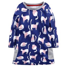 Baby Girls Dress 100% Cotton Girl One-Piece Dresses Clothes Knee Length Girl's Blouse Cat Print Outfit Jumper 1 2 3 4 5 6 7 Year 210413