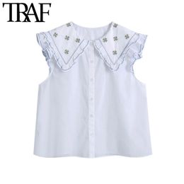 Women Sweet Fashion Patchwork Embroidery Poplin Blouses Vintage Peter pan Collar Button-up Female Shirts Chic Tops 210507