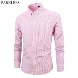 Pink Striped Long Sleeve Shirt Men Brand Oxford Cotton Slim Fit Casual Button Down Dress Shirts Mens Foramal Business Chemise 210522