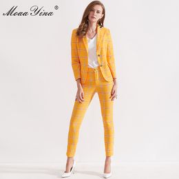 Fashion Designer Set Spring Women Long sleeve England Style Plaid Office Career Elegant Tops+Trousers Two-piece suit 210524