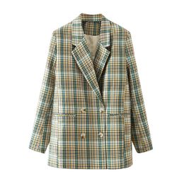 BLSQR Women Stick Winter Double Breasted Suit Jacket Office Ladies Vintage Plaid Blazer Pockets Work Wear Tops 210430