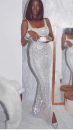 Vestidos Women Sexy Designer Long Sequins Silver Party Dress Celebrity Evening Maxi 210527