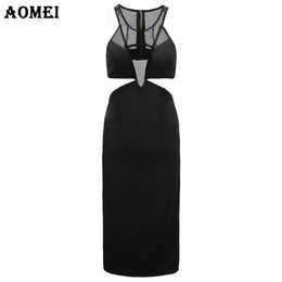 Women Black Bodycon Cut Out Dress Patchwork Sexy Clubwear Female Knee Length Robe Gown Clothing vestido Party dree jupe clothes 210416