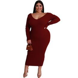 5XL 6XL Long Sleeve Dresses Women V Neck Bodycon Black Burgundy Office Lady Daily Party Eveing Night Out Robes Plus Size Fashion 210527