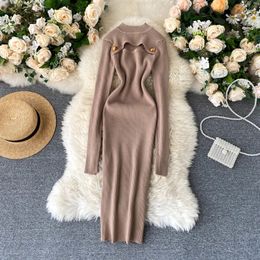 Spring And Autumn Solid Knitted Dress Women Sexy Black Hollow Out Long Sleeve Elastic Bodycon Elegant Female Clothing 210514