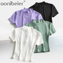 Morandi Style T-shirts For Women Summer Ladies Purple Rib Soft Short Sleeve Slim Tee Shirts 8 Colours 210604