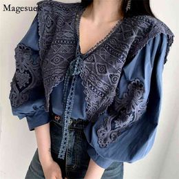 Chic Vintage Embroidery Floral Lace Loose Women's Blouse V Neck Solid Female Shirts Lantern Sleeve Ladies Tops Fashion 13523 210512