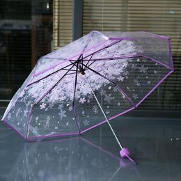 100pcs/lot Transparent Clear Umbrella Handle Windproof 3 Fold Umbrella Cherry Blossom Mushroom Apollo Sakura women Girl's Umbrella RRE1