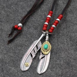 S925 Sterling Retro Thai Silver Takahashi Goro Feather Pendant Glass Beads Buckskin Rope Vintage Indian A Set Necklace