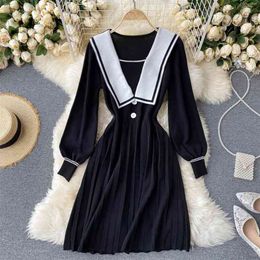 Style Dress Knitted Sailor Collar Academic Long-Sleeved Nipped Waist Slim Pleated Student Temperament Mini GK471 210507