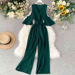 Chiffon Jumpsuit Solid Ruffles Bandage Bow High Waist OL Bodysuit Fashion Korean Hollow Out Ropa Mujer Sexy 210422