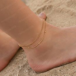 Double Layer Gold Chain Anklet European Fashion Summer Foot Jewelry For Women Beach Beads Geometric Anklets Ornaments