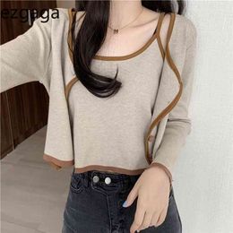 Ezgaga Fashion Contrast Knitted Tops Cardigan Women Long Sleeve Korean Chic Thin Button Slim Crop Tops Sweet Camisole Female 210806