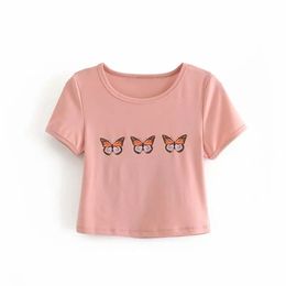 Women Fashion Animal Printed Short 100% Cotton T-shirts Casual Girls Stretch O-Neck Summer Outfit Tops 210520