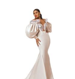 Graceful White Mermaid Evening Dresses Beads Puffy Long Sleeves Party Pageant Gowns Women Prom Dress Floor Length Robe De Soriee278C