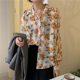 Sunset-rose Yellow Slender Vintage Chiffon Loose Casual Lantern-Sleeved Fashion Women Oversize Retro High Street Shirts 210421