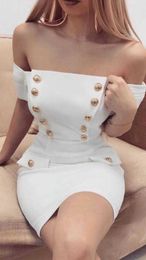 Women Sexy Designer Button White Bandage Dress Ladies Elegant Off The Shoulder Evening Bodycon Party Vestido 210527