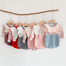 Infant Baby Girls Lace Knit Stripe Rompers Clothing Spring Autumn Kids Girl Long Sleeve Clothes 210429